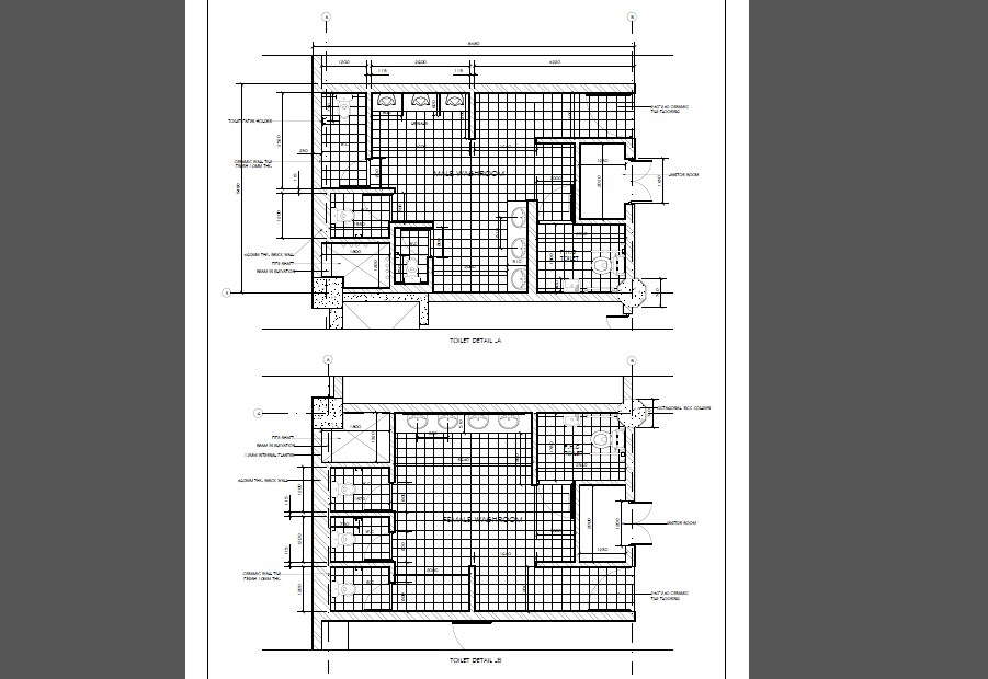Shopping mall washrooms plan and installation details dwg file