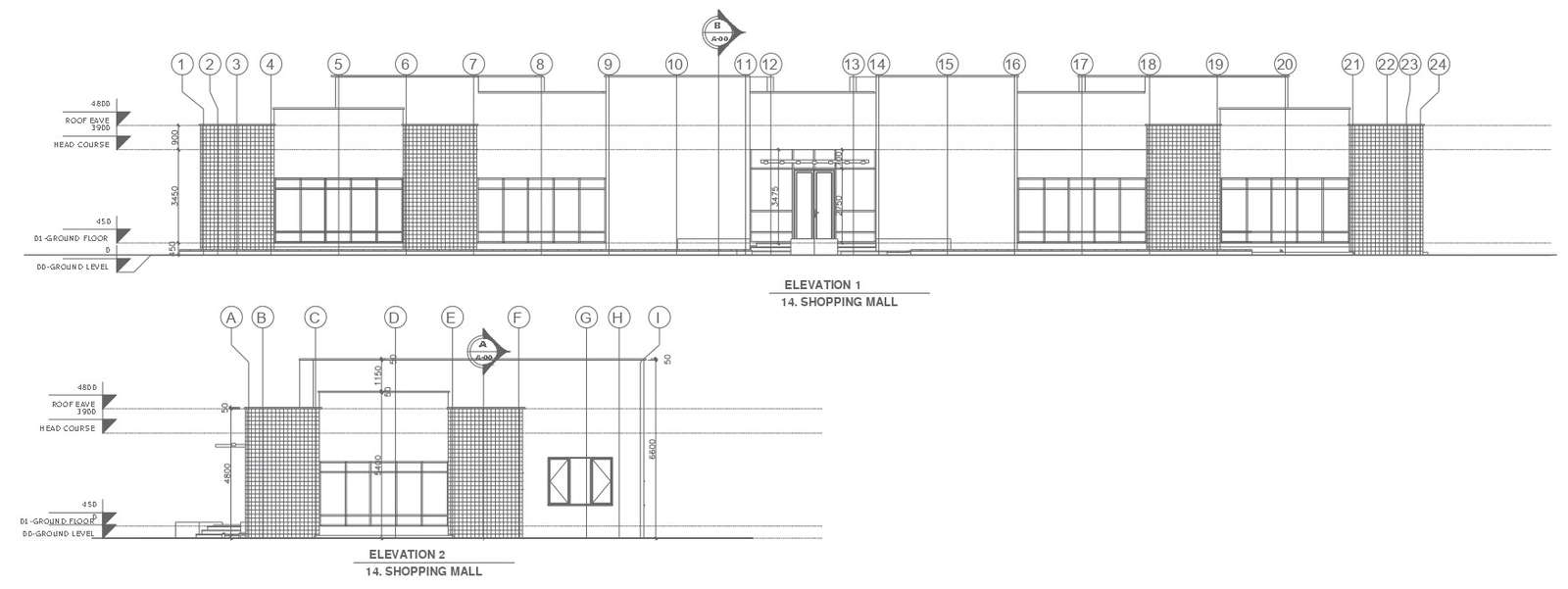 Shopping mall elevation detail and section detail dwg autocad drawing 