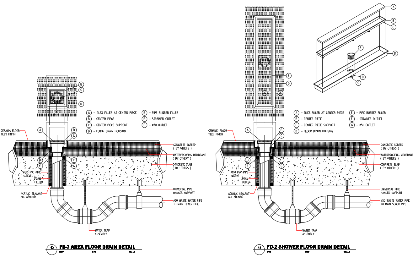 Shower and Area Floor Drain Detail CAD Drawing