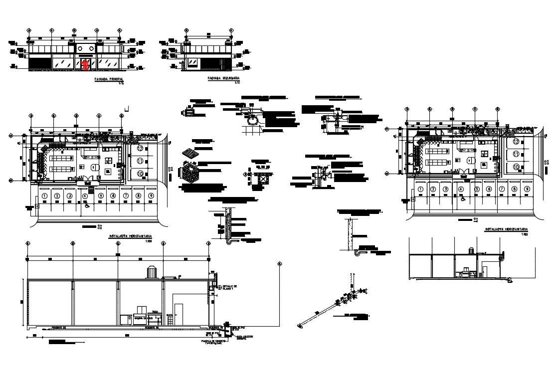 Showroom elevation, section, plan and structure details dwg file