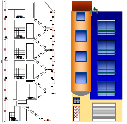 Side elevation and section view of corporation building dwg file