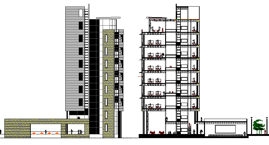 Side elevation and sectional view of administration building dwg file