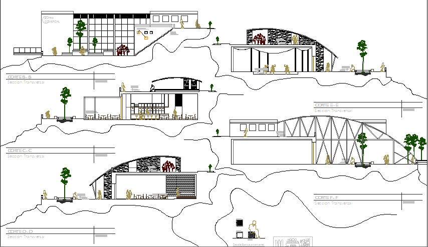 Side elevation and sectional view of mountain view shopping center dwg file