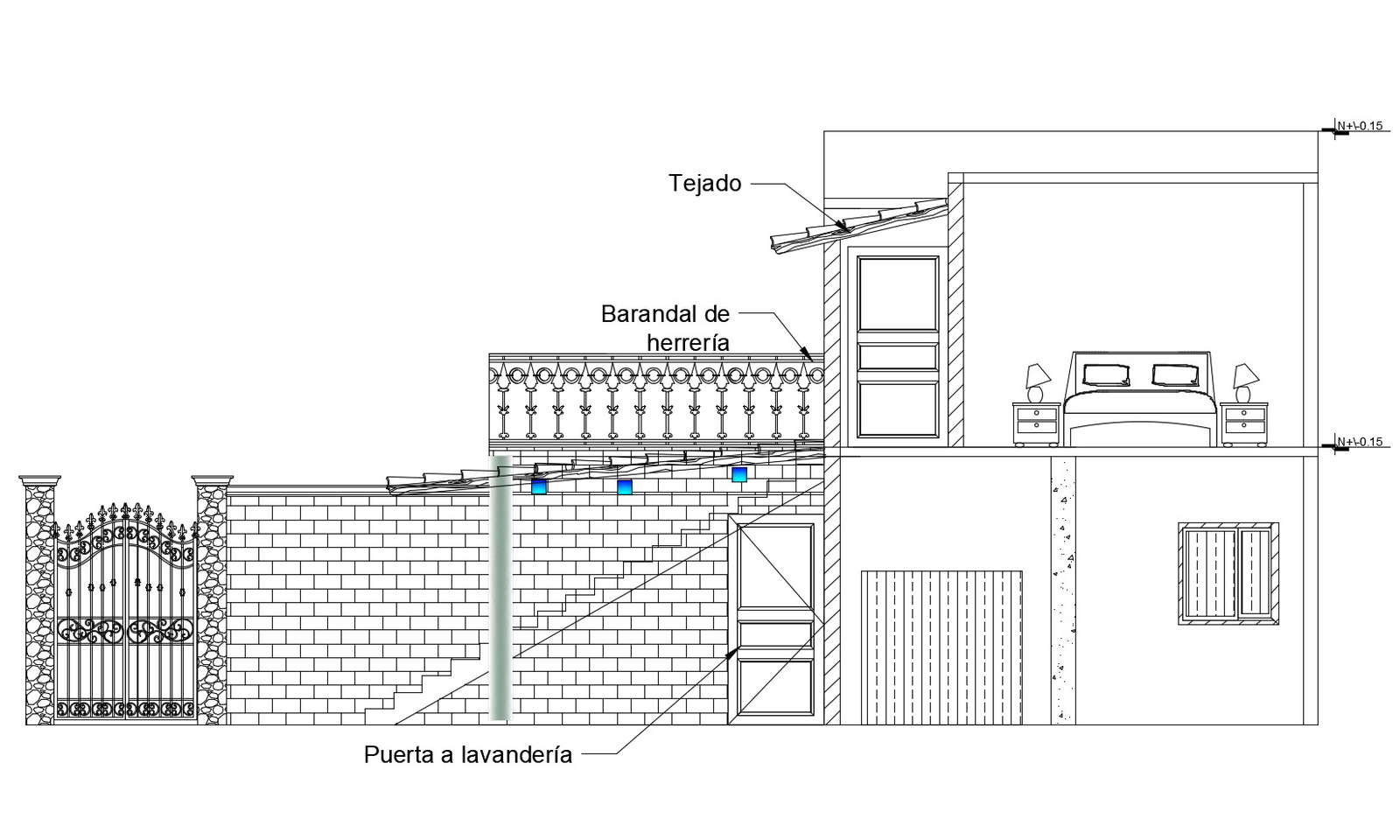 Side elevation of the house with detail dimension in dwg file