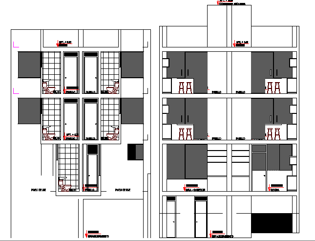 Side sectional view of multi-family residential building dwg file