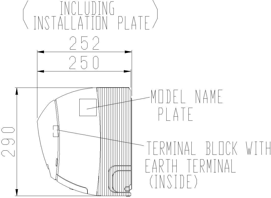 Side Elevation of AC 290x252 including wall mounted plate.