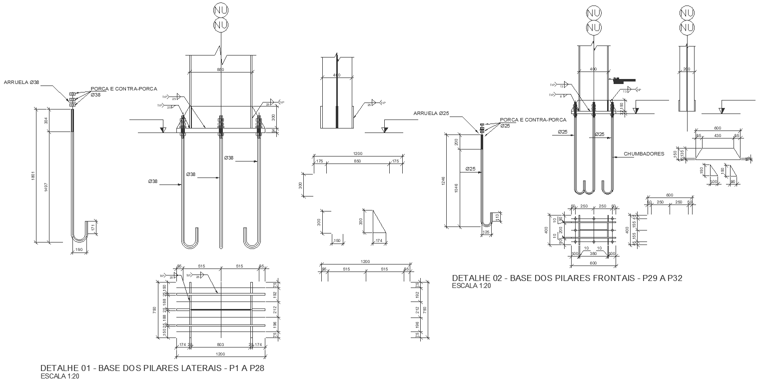 Side pillars and front pillars section detail with material DWG autoCAD drawing