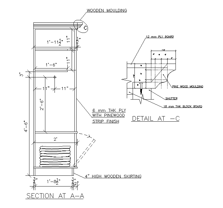 Side section detail of Wardrobe presented in this AutoCAD 2D DWG drawing file. Download this 2d AutoCAD drawing file.