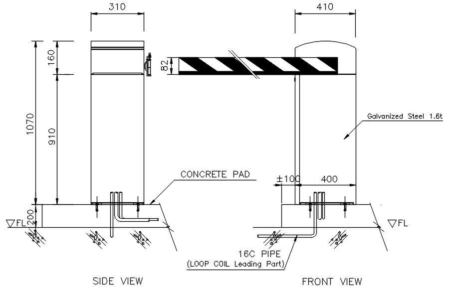 Side view and front view of Stop barrier in detail AutoCAD drawing, dwg file, CAD file