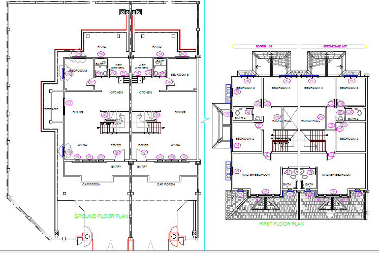 Single family house with layout and door details dwg file