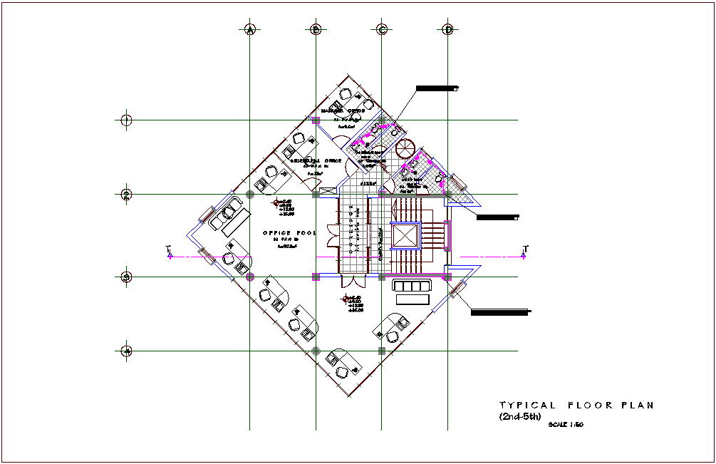 Single water line view with architectural second to fifth floor plan for mixed use building dwg file