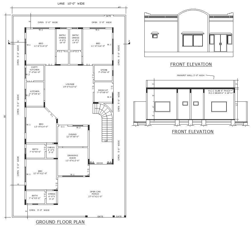 Single storey House design with setback of 5 ft from all side detailed plan section and elevation DWG autoCAD drawing