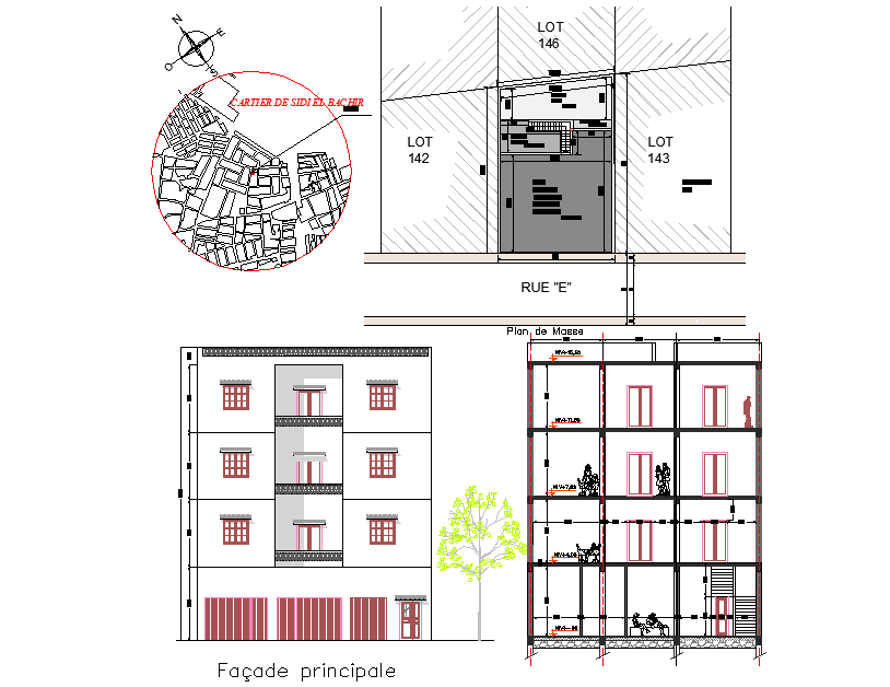 Site plan and elevation home plan detail dwg file