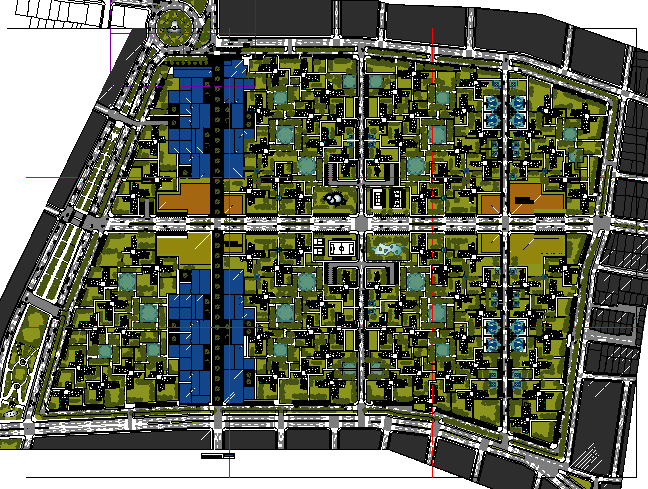 Site plan, landscaping details of housing commerce building dwg file