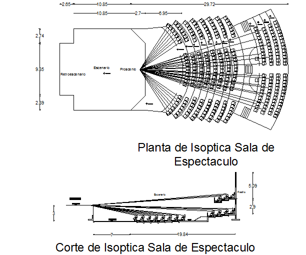 Sitting theater plan and section detail dwg file