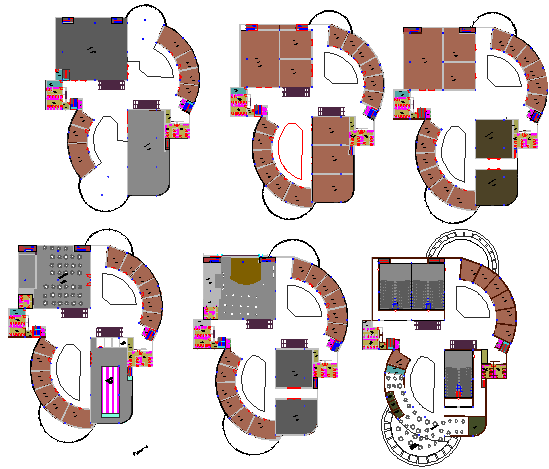 Six floor layout plan details of multi-level shopping mall dwg file