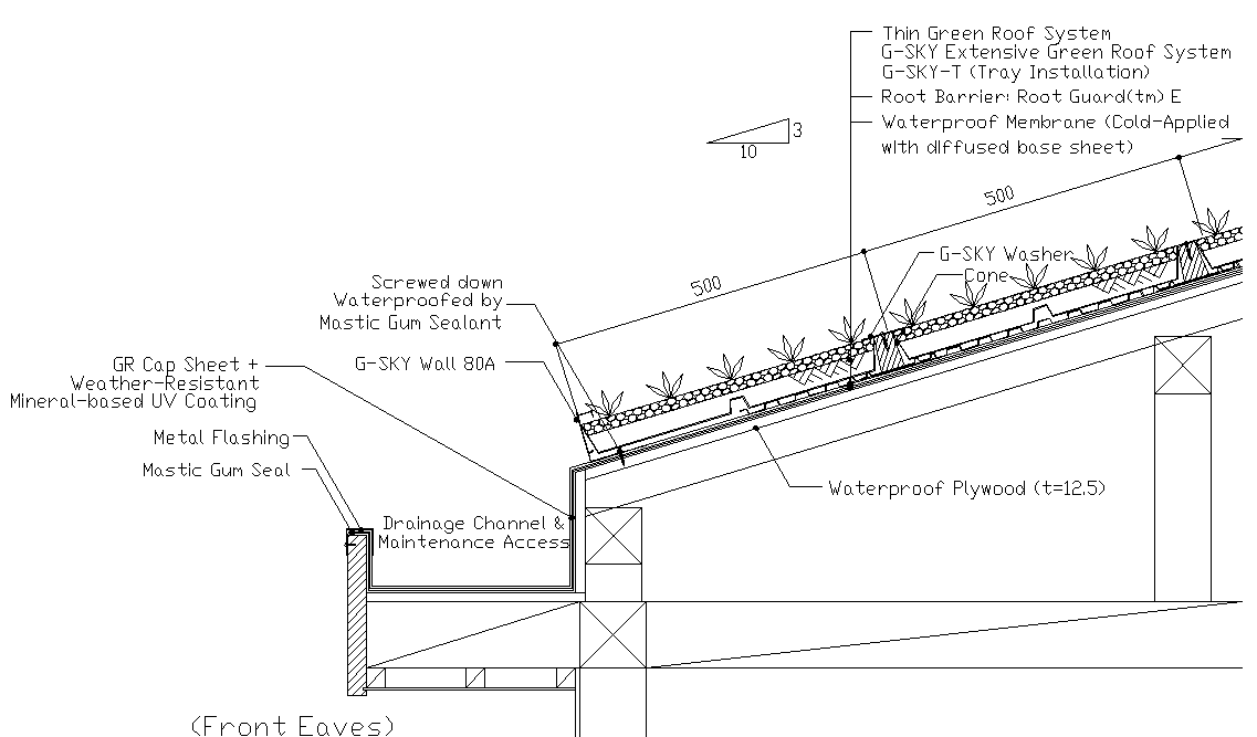 Slope of the green roof detail of theeaves plan detail dwg file