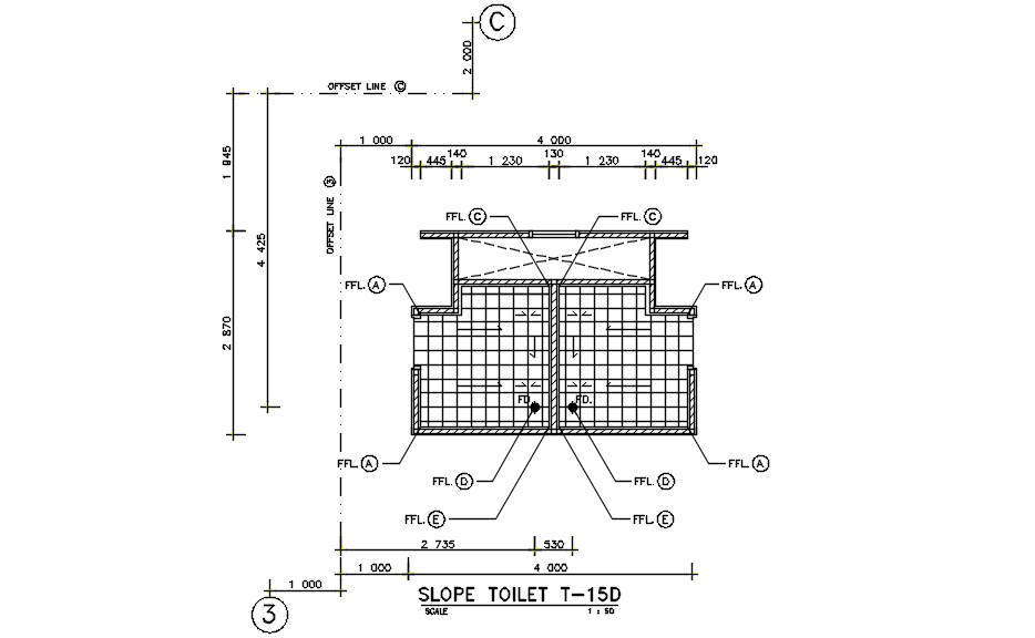  Slope toilet details of the hospital building (T-15D) has given in the Autocad dwg drawing model and layout.  Download the Autocad DWG drawing file.