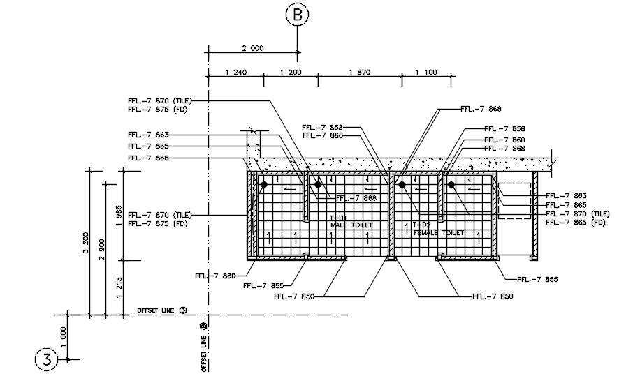 Slope toilet plan of basement 3rd floor of the hospital building has given in the Autocad 2D DWG drawing file. Download the Autocad 2D DWG drawing file.