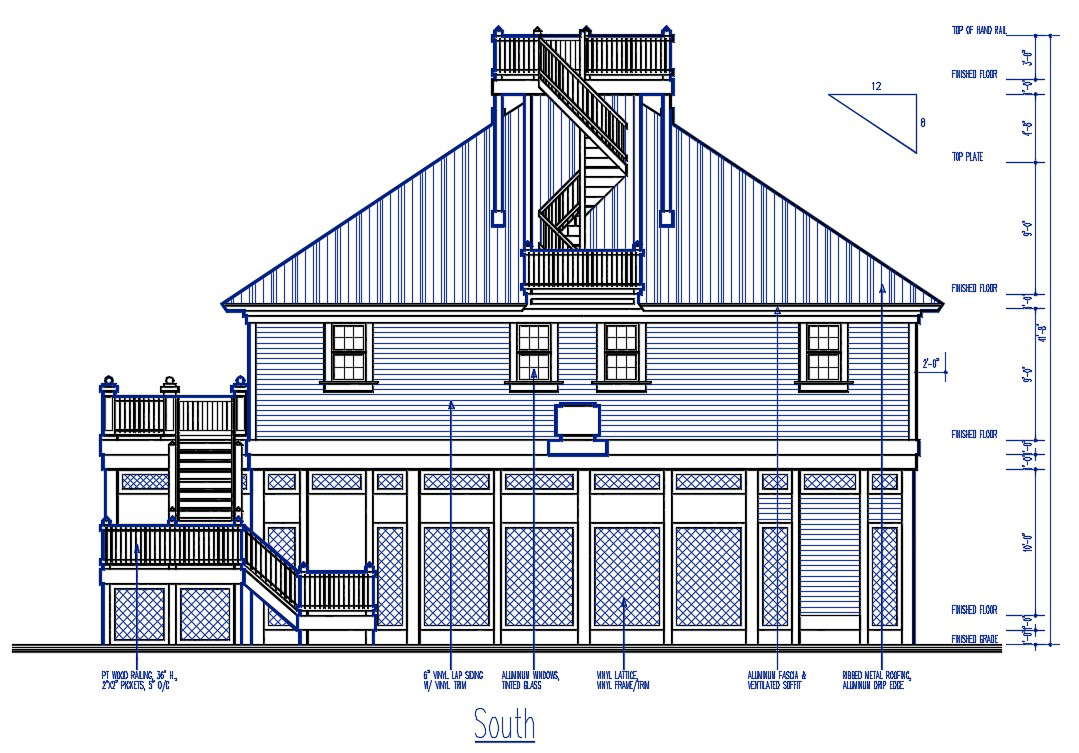 South Side Elevation Of Huge Bungalow With Floor Dimension AutoCAD File 