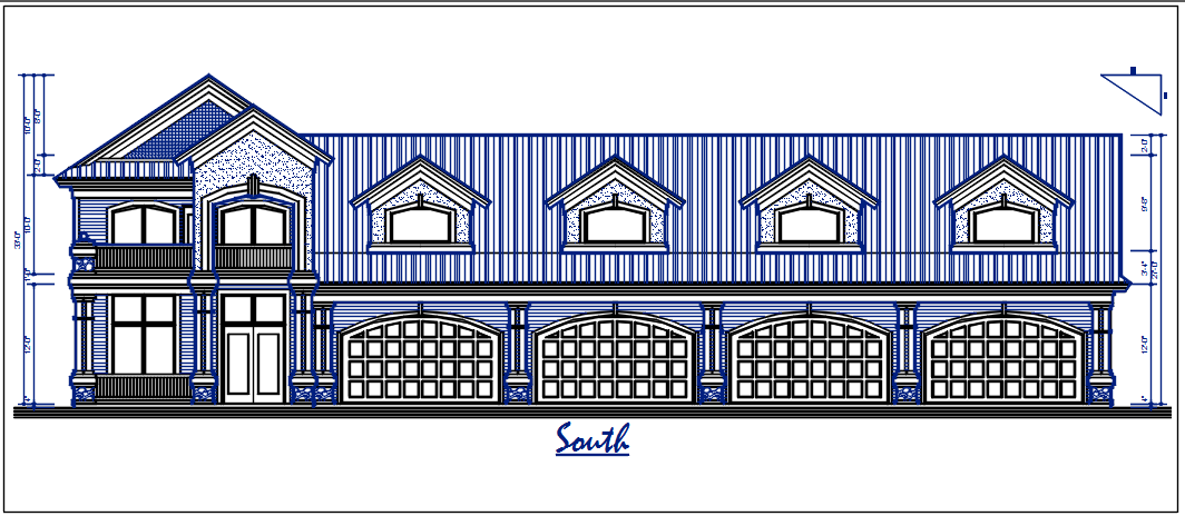 South elevation view of bungalow dwg file