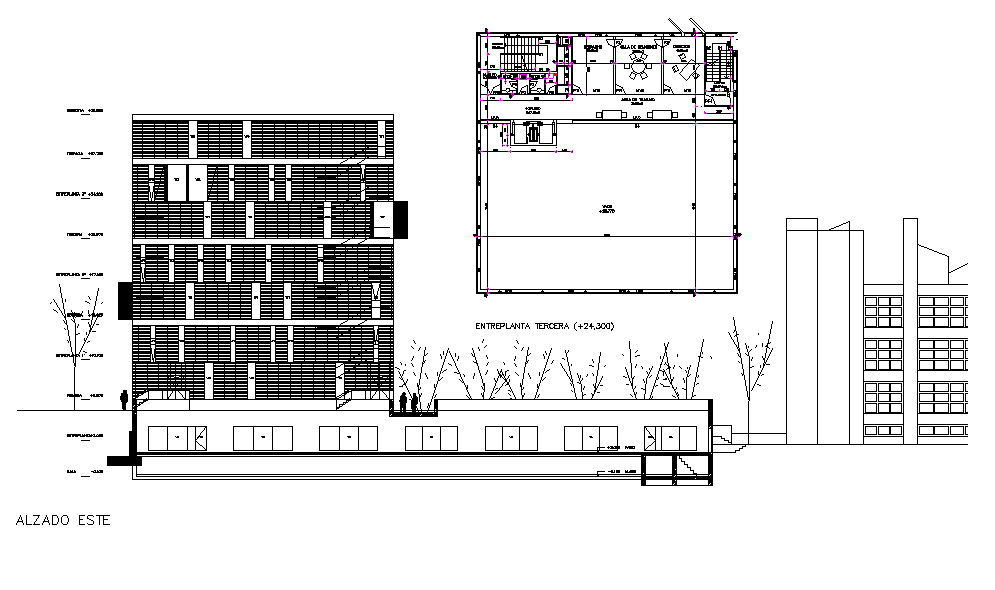 South side elevation of public library building.