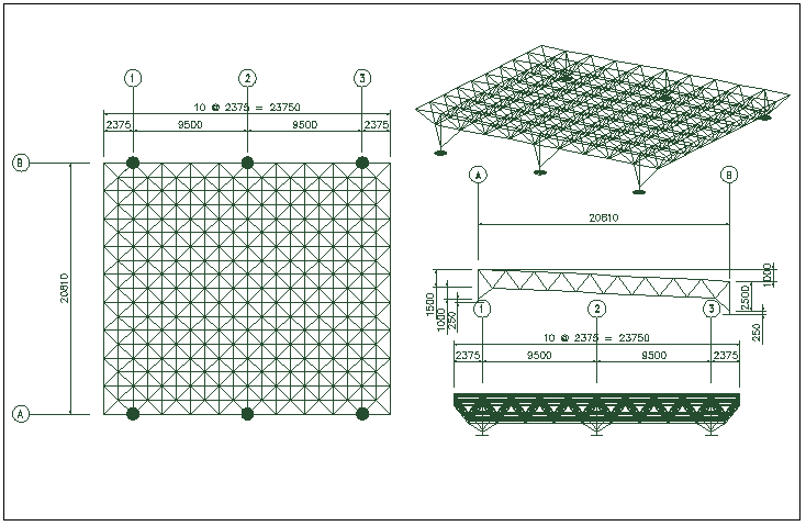 Space frame layout and support location detail view dwg file