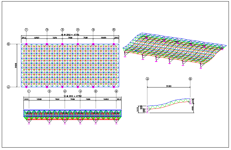 Space frame layout and support location detail view dwg file