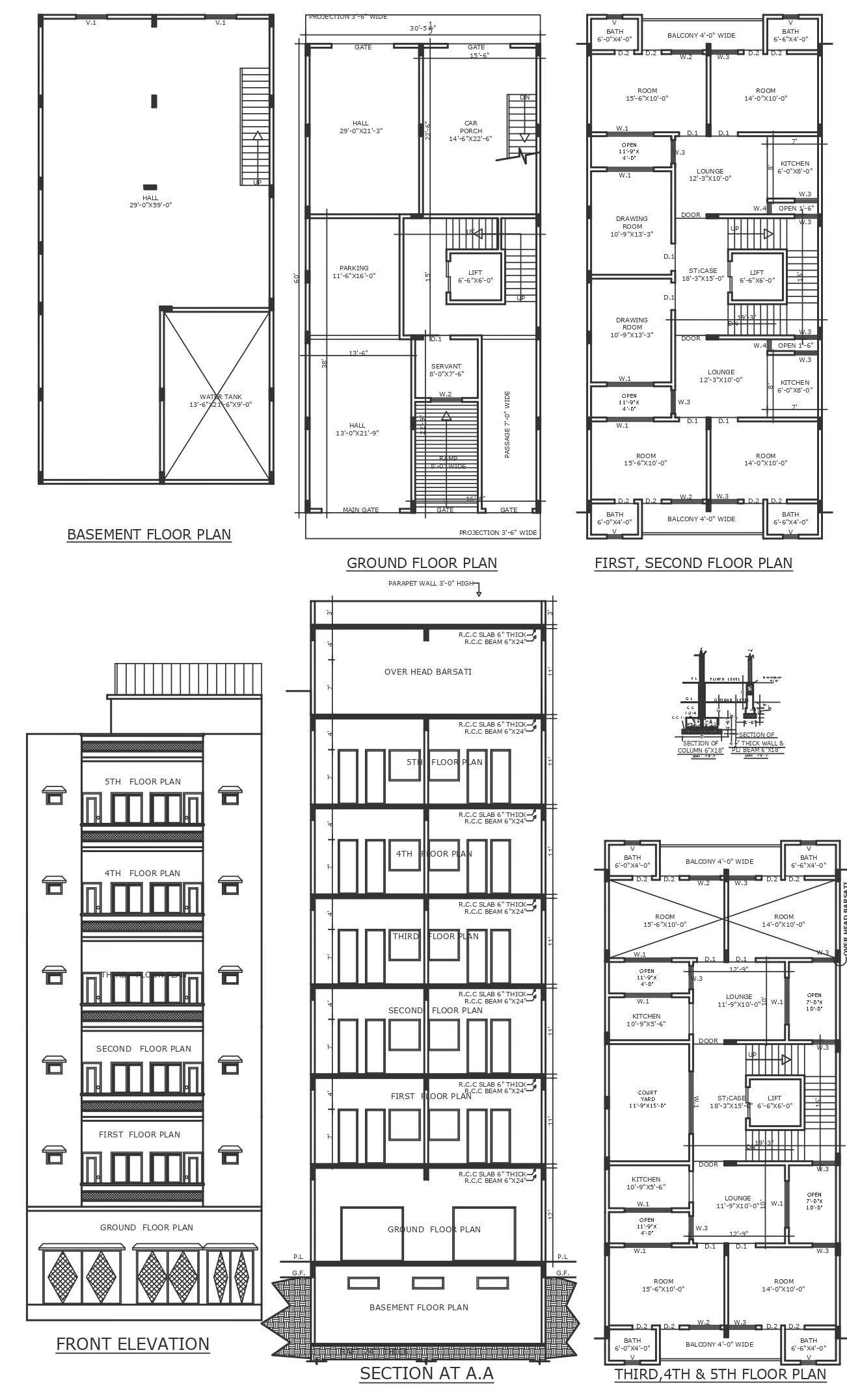 Spacious 4 BHK House Plan: 15 feet by 10 feet Room Size with Elevation, Section, and Details