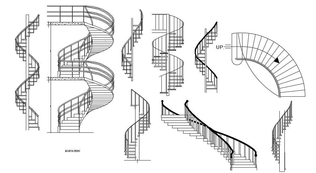 Spiral Shape Stairway Elevation Design Architecture AutoCAD Drawing Free Download