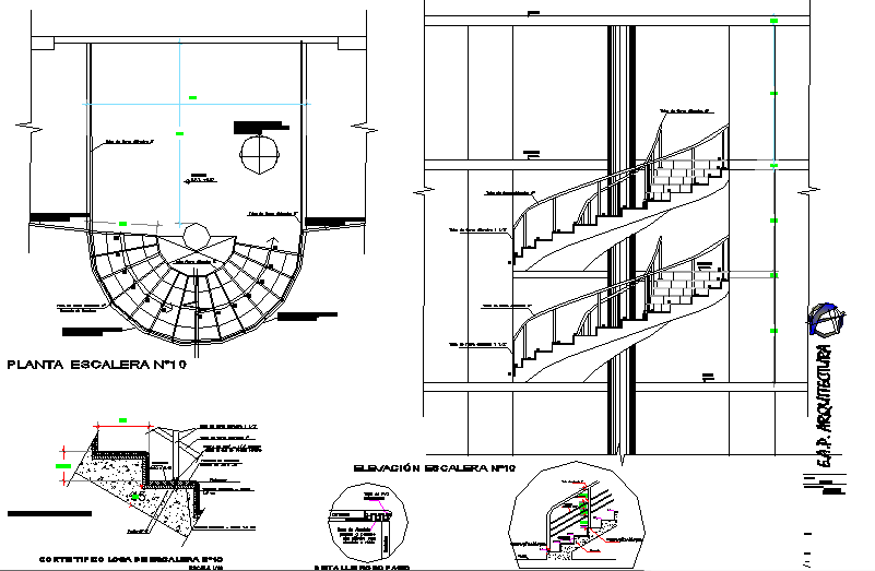 Spiral Stair plan, elevation and section detail dwg file