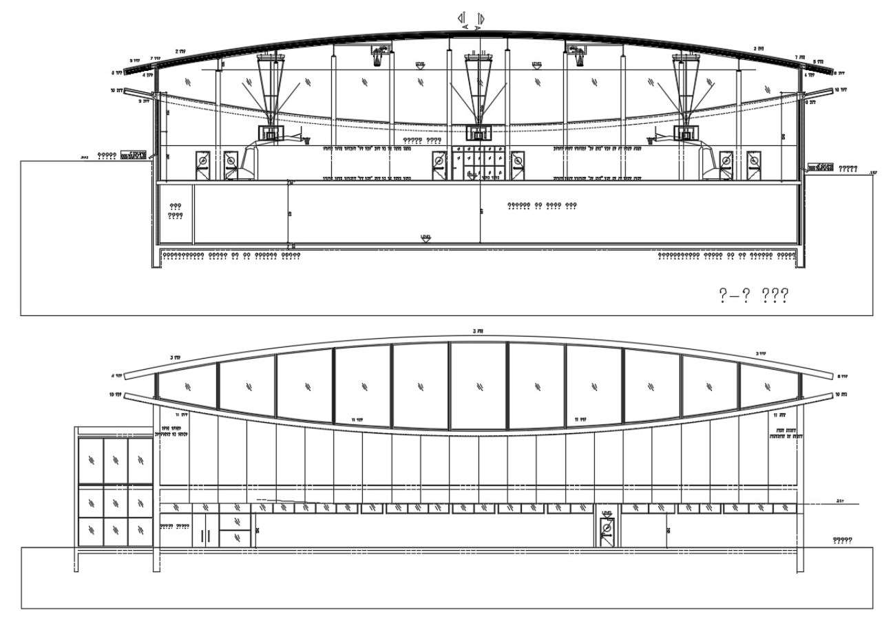 Sport Center Elevation and Section Design CAD Drawing 