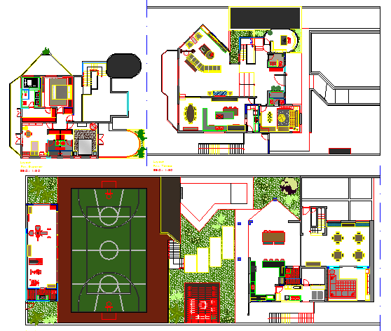 Sports center landscaping and structure details dwg file
