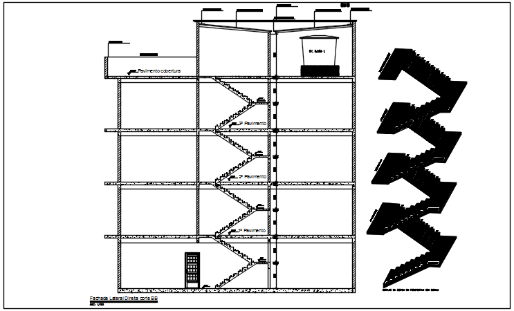 Stair elevation plan and section plan detail dwg file