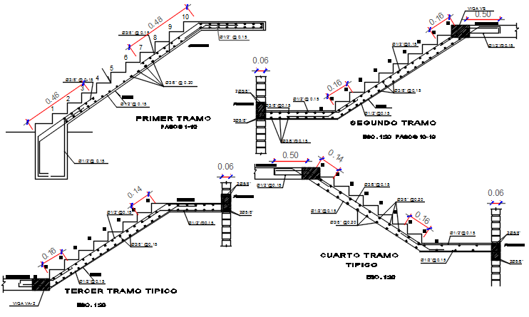 Stair elevation plan and section plan detail dwg file