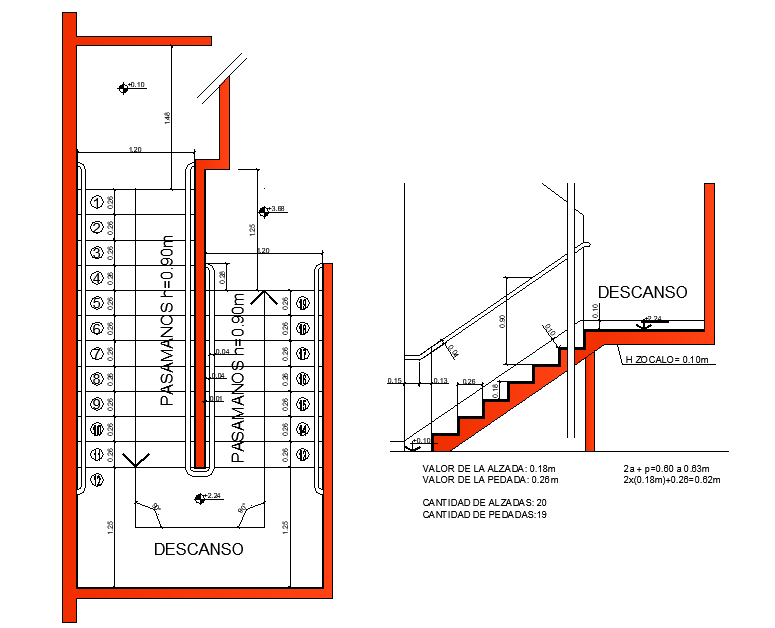 Staircase plan and section detail dwg file