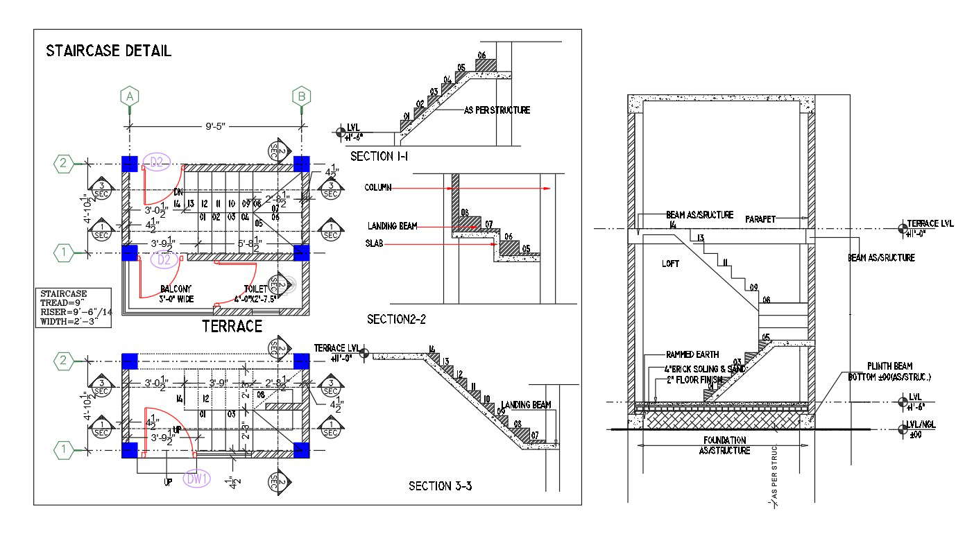 Staircase Plan And Section Drawing Download DWG File