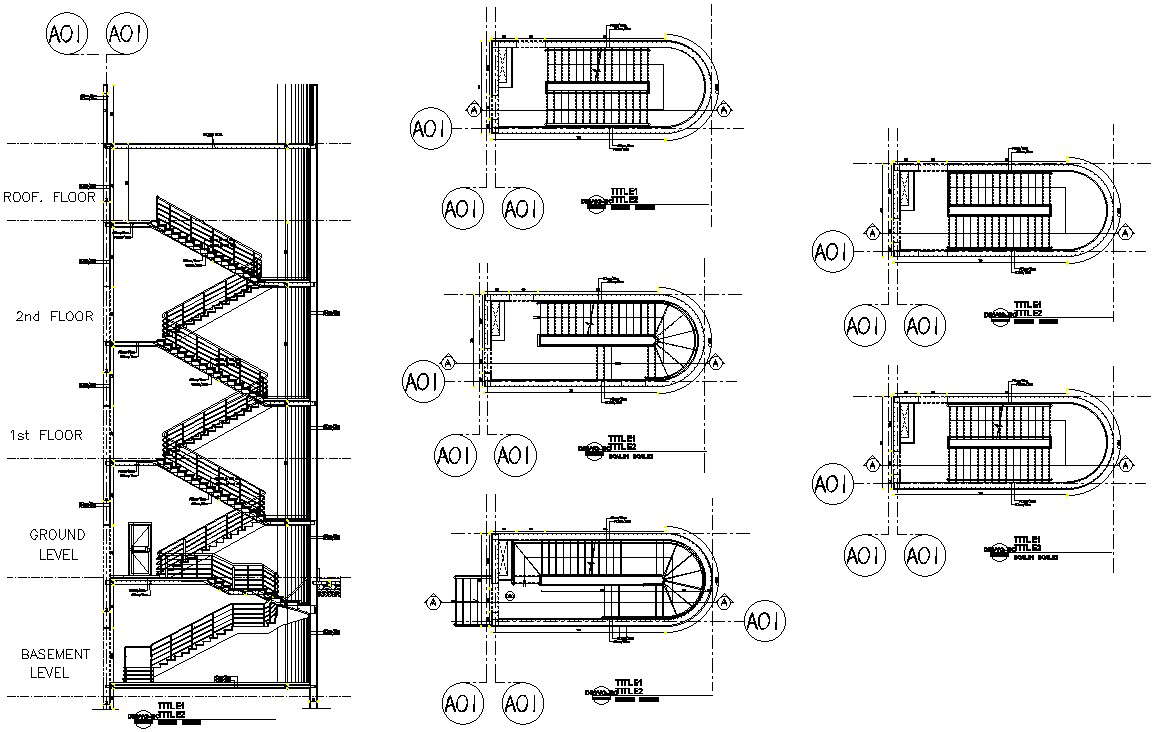Staircase plan and section details in AutoCAD, dwg file.