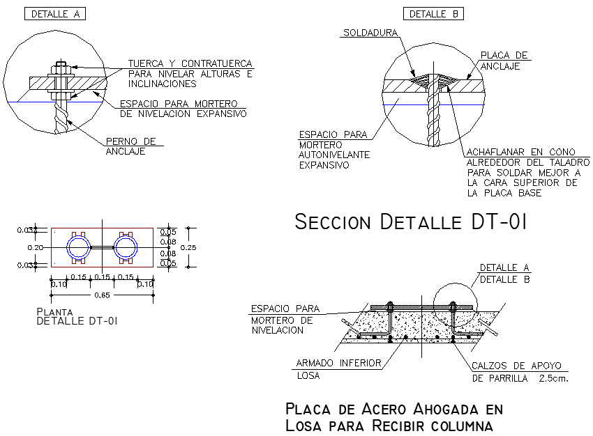 Steel plate drowned in slab to receive column detail dwg file