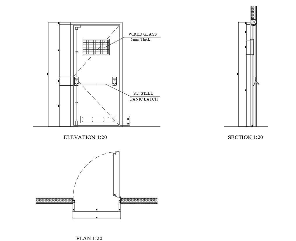 Steel door details in plan and elevation in AutoCAD, dwg file.