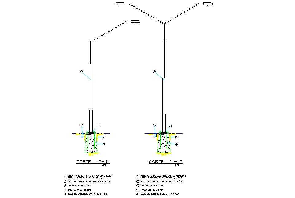 Street light elevation detail dwg file