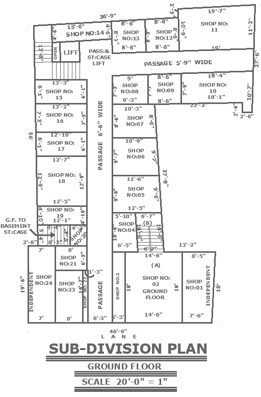 Sub division plan for shopping mall with all measurement details in scale DWG AutoCAD drawing