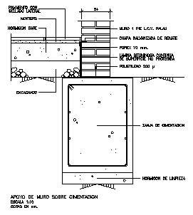 Support wall on foundation section design drawing
