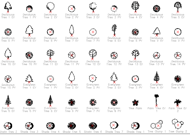 Symbols of common tree plant blocks dwg file