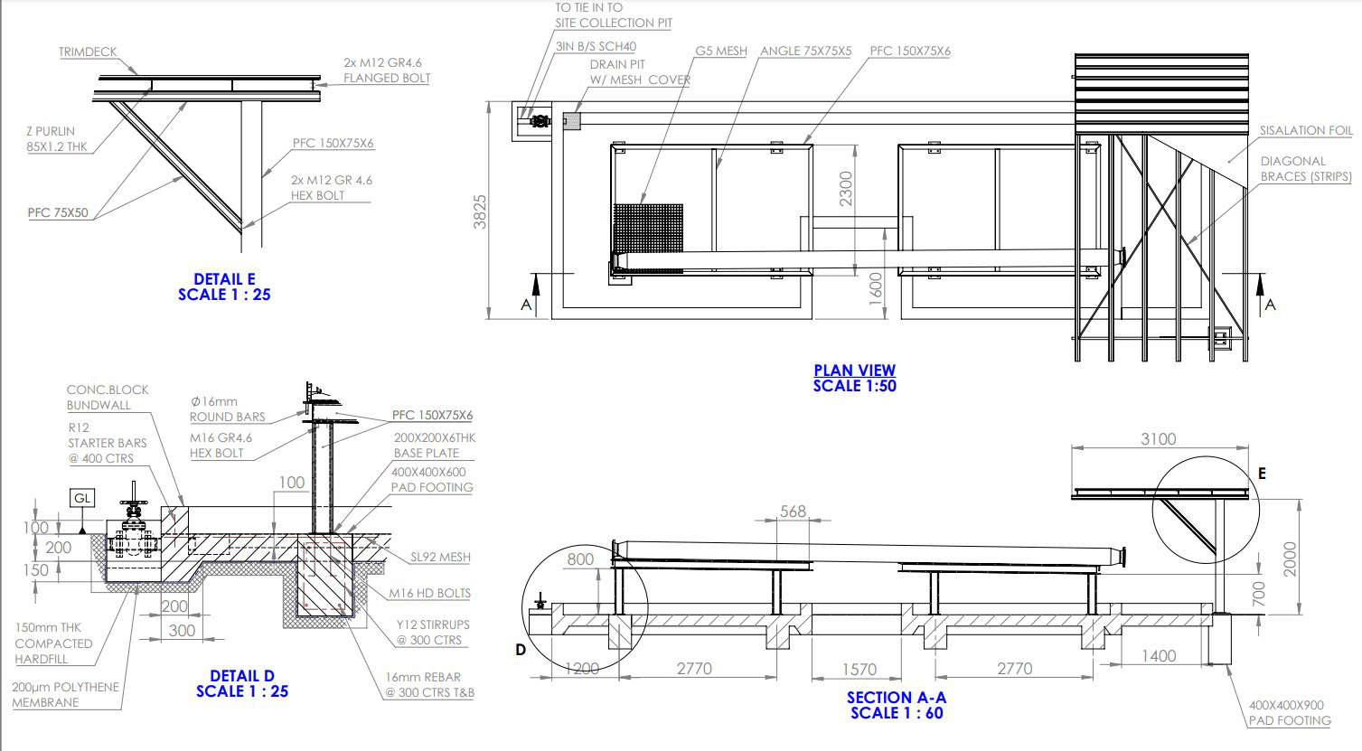 TANKER HOSE STORAGE & TESTING RIG plan and section design in AutoCAD 2D drawing, CAD file, dwg file