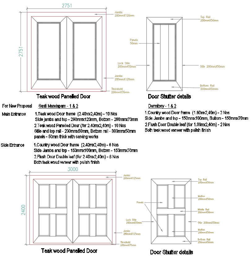 Teak Wood Door Design Details in AutoCAD DWG File