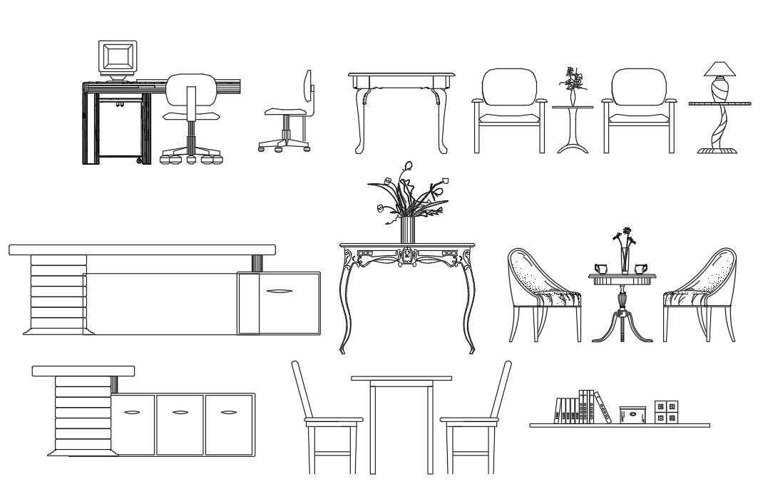 The AutoCAD  DWG Drawing file of the different types of furniture block elevation design. Download the AutoCAD DWG file. 