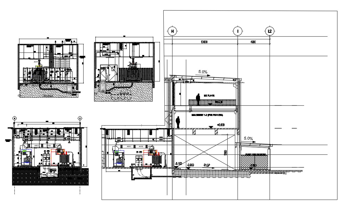 The AutoCAD DWG drawing file of the electrical transformer connection elevation and section details.Download now.