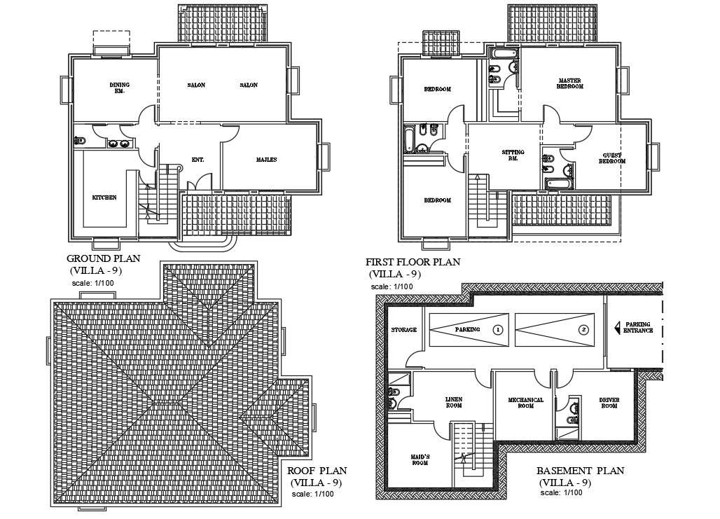 The AutoCad 2D drawing file having the villa floor plan with Basement two car park facilities( Villa Plan).Download the AutoCAD 2D DWG file.