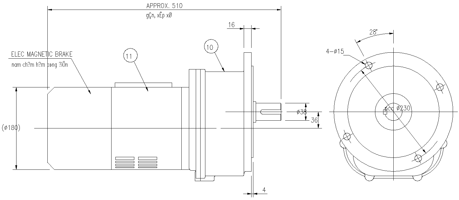 The Autocad Drawing file shows the details of the revolving system of the reduction gear , motor for slewing. Download the DWG file.